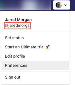 Screenshot of the GitLab Account Settings menu open with the username highlighted