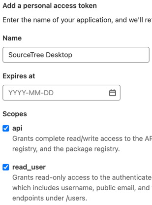 Screenshot of GitLab personal access token settings with api and read user scopes selected